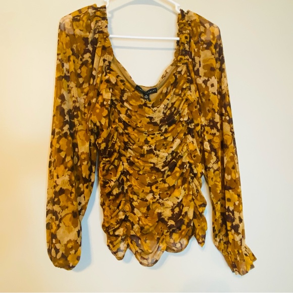 Jane and Delancey Floral Ruched Blouse in Brown and Yellow - Picture 7 of 11